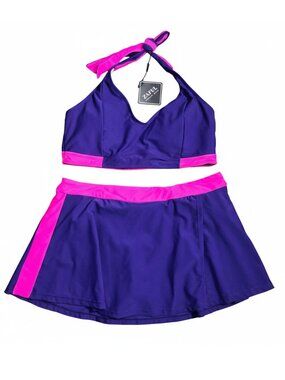 NWT | ZAFUL Purple & Pink Color-Block Skirted Swimsuit Set | XLarge